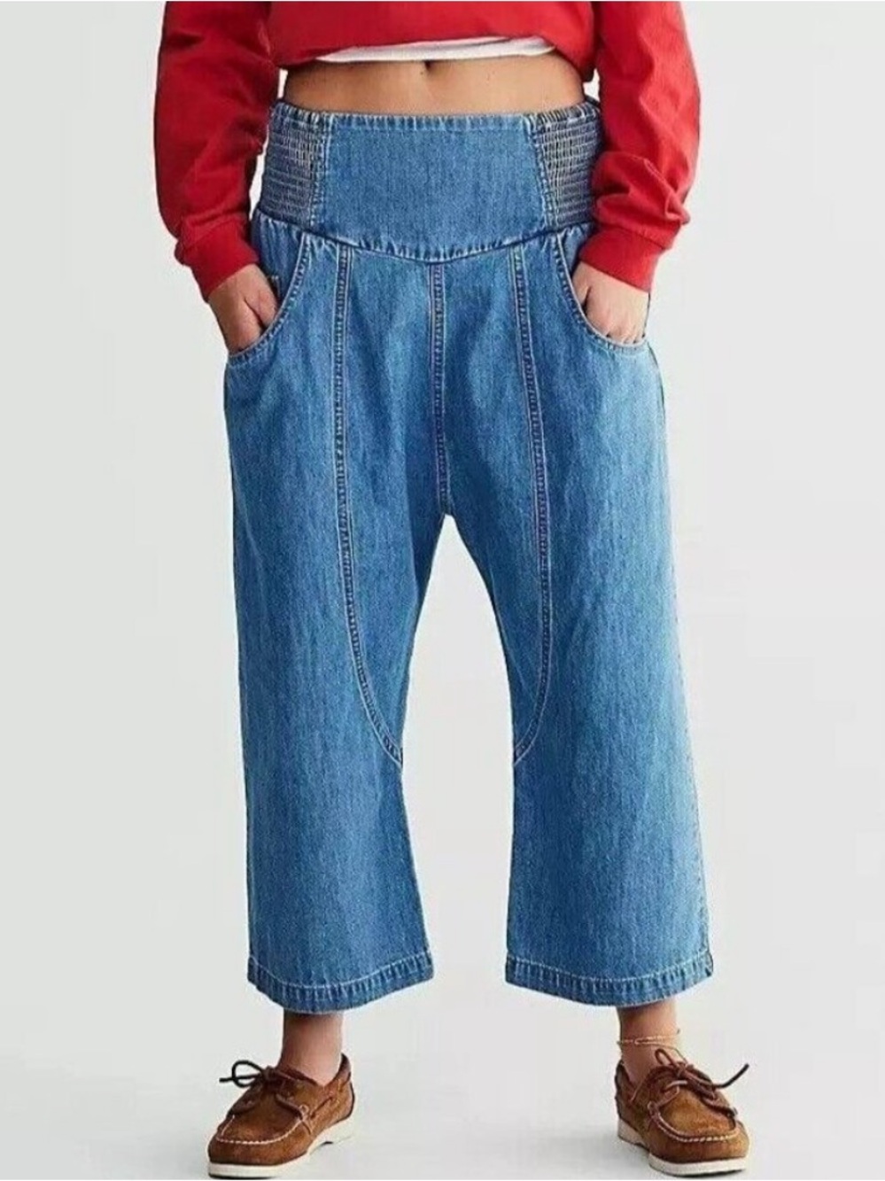 We The Free Blue Wide-Leg Cropped High-Waist Jeans